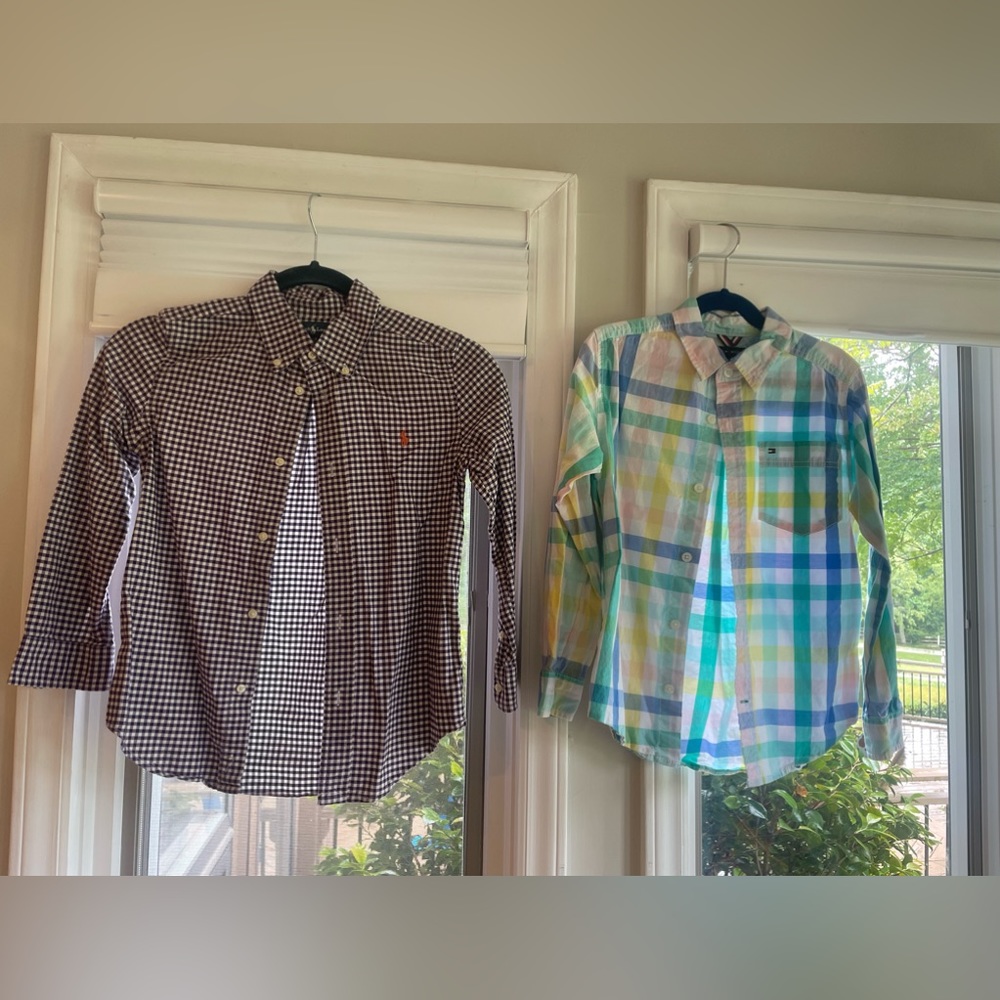 Boys dress shirts. Ralph Lauren is size 7. Tommy Hilfiger is a small 8/10.